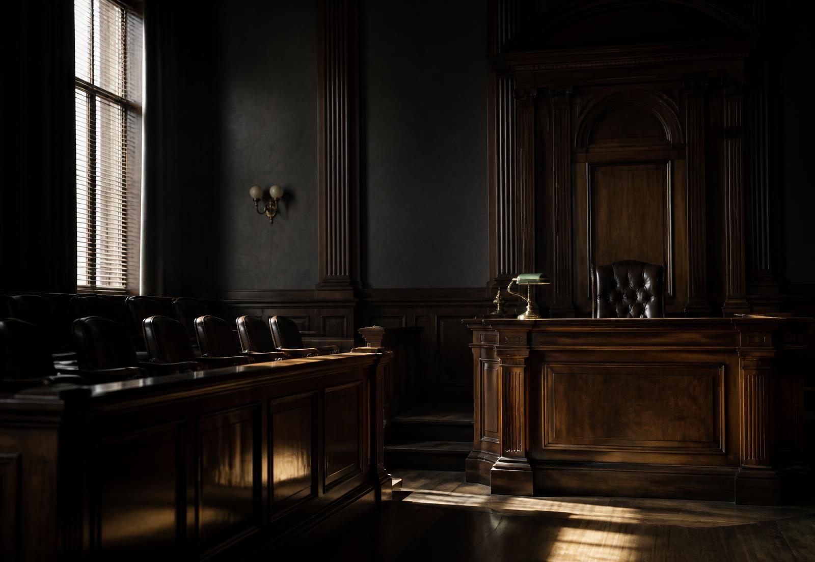 Empty historic courtroom with jury box and judge's bench