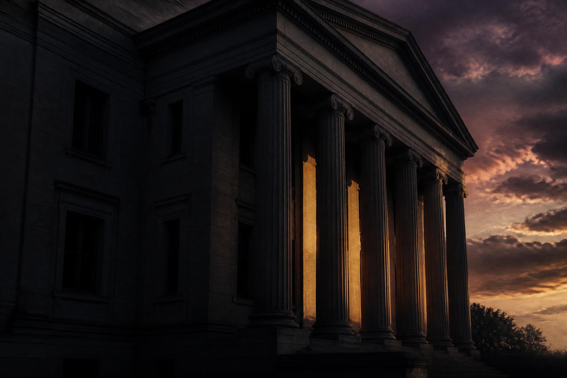 Neoclassical courthouse facade at dusk